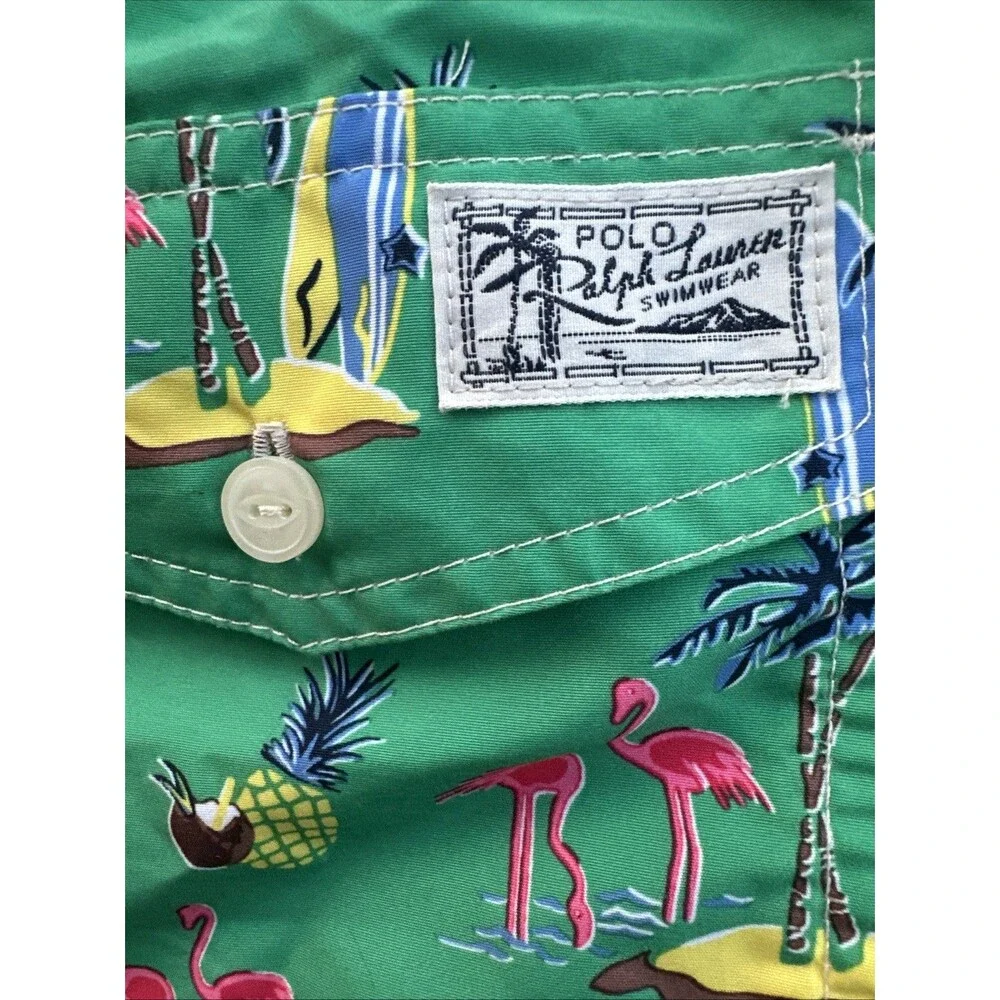 POLO Ralph Lauren 36 Men’s Swim Trunks Green Surf Flamingo Shorts Made Fr Europe
